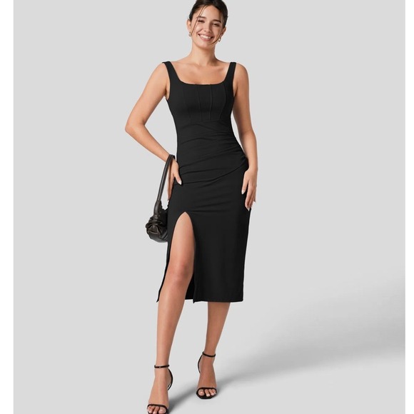 HALARA Dresses & Skirts - Halara Softlyzero Airy Square Neck Black Ruched Side Slit Midi Dress Corset L